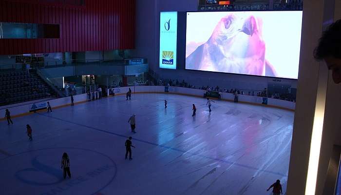 The scene of people doing ice skating in Dubai.