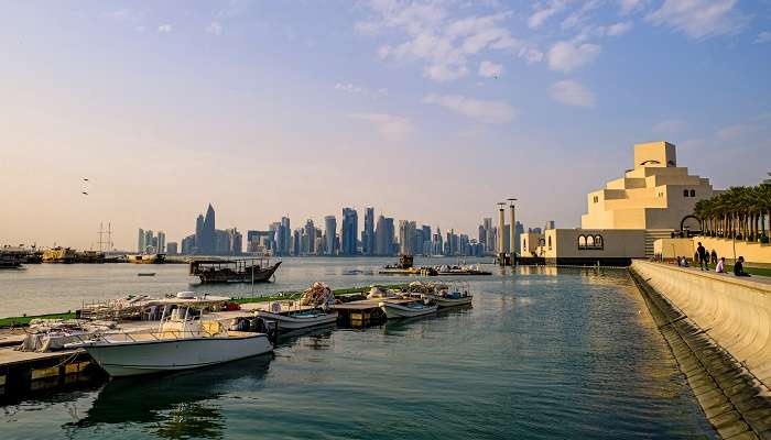 The traditional dhow on of the best places to visit in Qatar, Doha Corniche. 