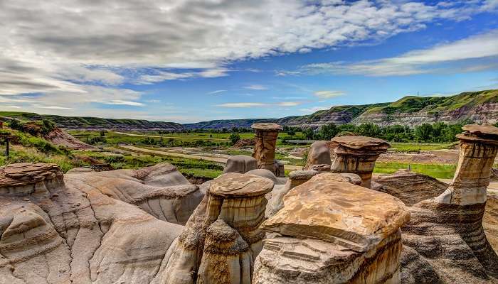 The picturesque landscape around The Hoodoos at Drumheller; among the small towns in Alberta
