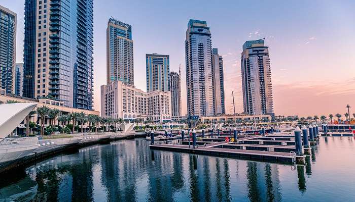 The panoramic view of one of the private beaches in Dubai, Dubai Creek, a breach in Dubai Creek Harbour.