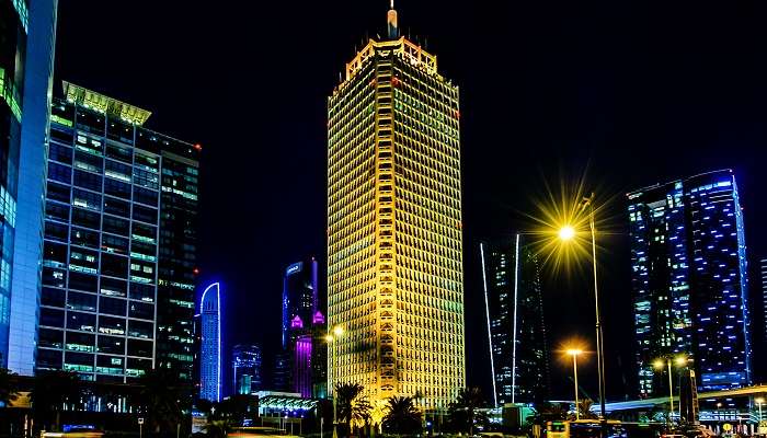  Picturesque view of Dubai World Trade Center at night, among the ultimate icons of Dubai. 