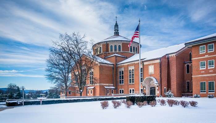 The winter view of the National Shrine of St. Elizabeth Ann Seton, nestled in one of the small towns in Maryland, Emmitsburg