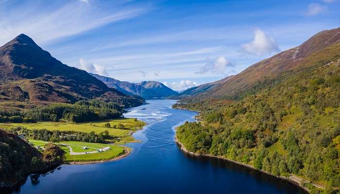 The aerial image of Loch Level in summer, located near one of the beautiful small towns in Scotland, Fort William
