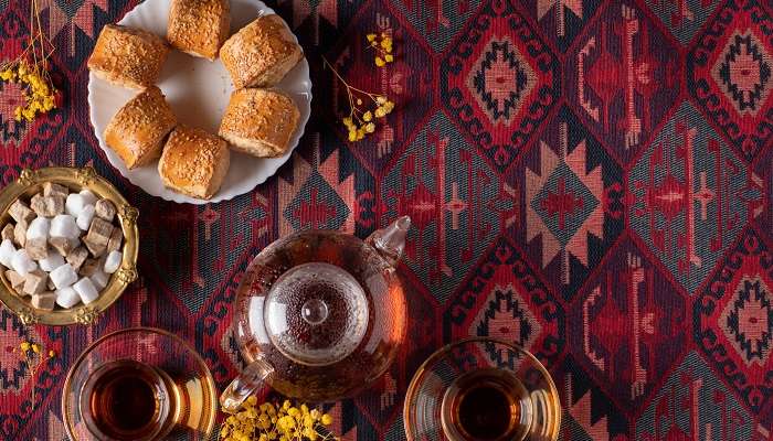 A splendid view of Azerbaijani tea served with sweets and snacks