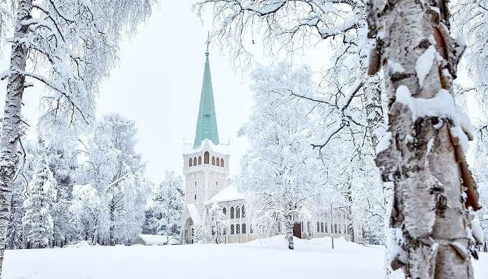 The picturesque view of Jokkmokk New Church in winter, the finest small town. 