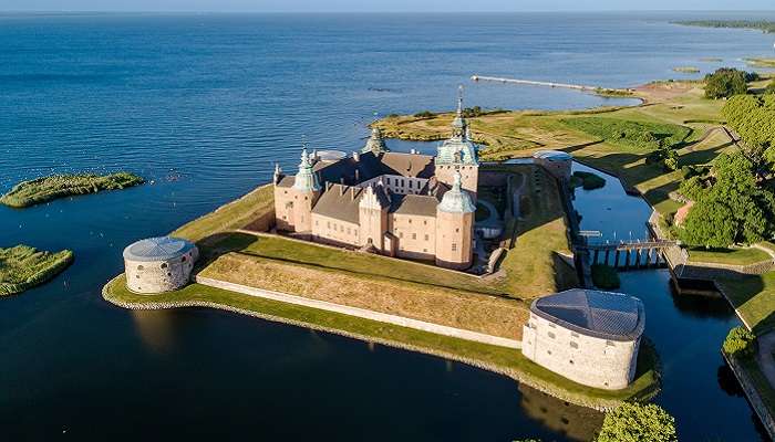 The aerial view of Kalmar Slott Castle, a medieval castle in the heart of the best small towns in Sweden, Kalmar. 