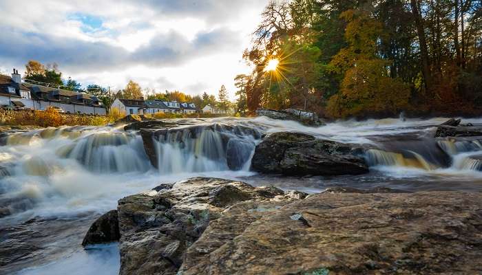 The breathtaking view of the Falls of Dochart in one of the beautiful best small towns to visit in Scotland, Killin