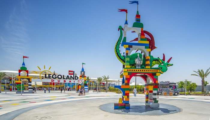 A colourful front view of Legoland Dubai