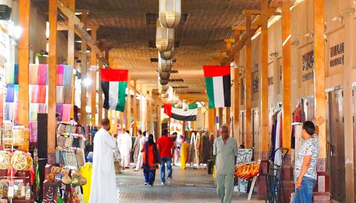 The aesthetic view of Meena Bazaar, among the famous Deira Souks in Dubai.