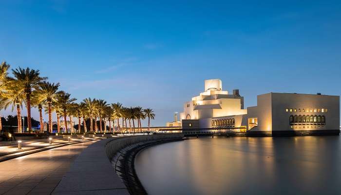 The view of the Museum of Islamic Art, on a sunny day with a clear blue sky.