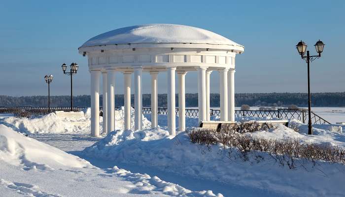 The captivating scene of Gazebo-rotunda on the embankment in Myshkin, one of the small towns in Russia