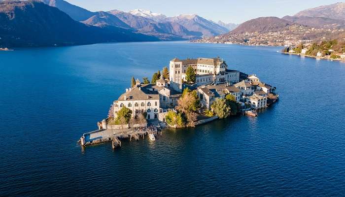 The surreal aerial landscape of San Giulio Island and Orta Lake, among the hidden gems in Italy