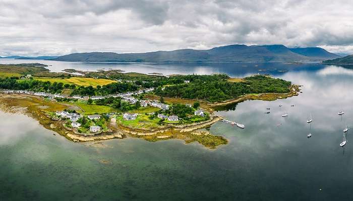 The aerial view of one the smallest towns in Scotland, Plockton