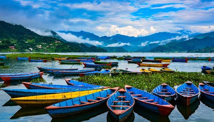 Bateaux à rames colorés amarrés sur le lac à Pokhara, au Népal, C’est l’une des meilleurs endroits à visiter en mars dans le monde 