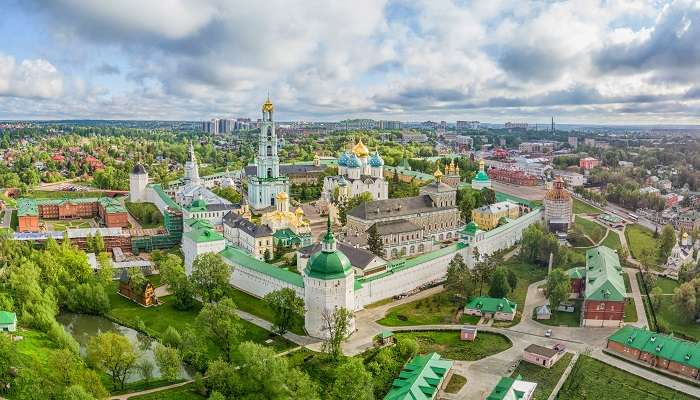 The panoramic aerial view of Trinity Lavra of St. Sergius in one of the best small towns in Russia, Sergiyev Posad
