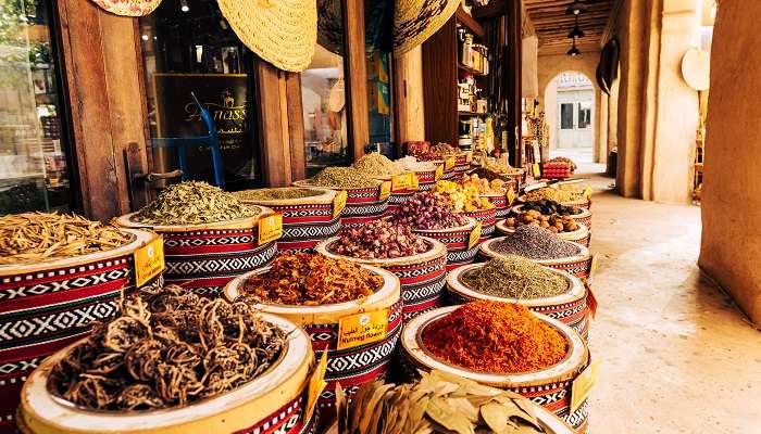 The traditional bazaar in the UAE, Deira Spice Souk, sells a variety of spices, herbs, and fragrances.
