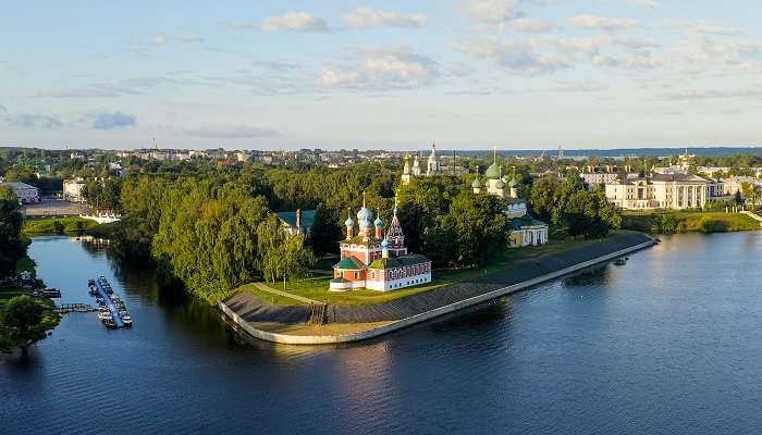 The breathtaking aerial scene of one of the smallest towns in Russia, Uglich
