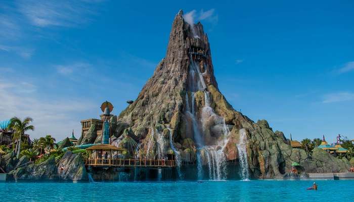 A panoramic view of Krakatau volcano and blue lagoon at Volcano Bay, one of the famous amusement parks in Orlando