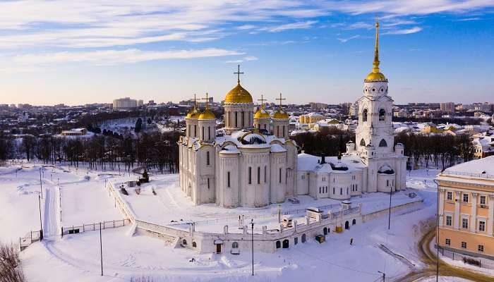 The picturesque view of Vladimir, one of the small towns in Russia, overlooking the golden domes of the Dormition Cathedral