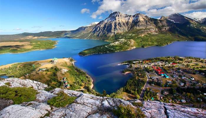 Waterton Lake National Park is seen in one of the small towns in Alberta, Waterton Lake, seen from the Bears Hump