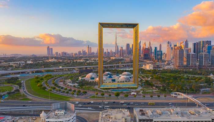 An aerial view of Dubai Frame, the world’s biggest picture frame