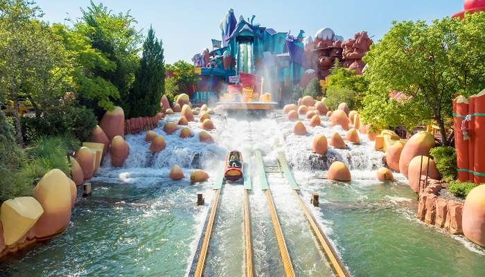 The Dudley Do-Right Ripsaw Falls ride at one of the amusement parks