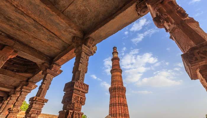 The panoramic view of Qutub Minar at Delhi in India.