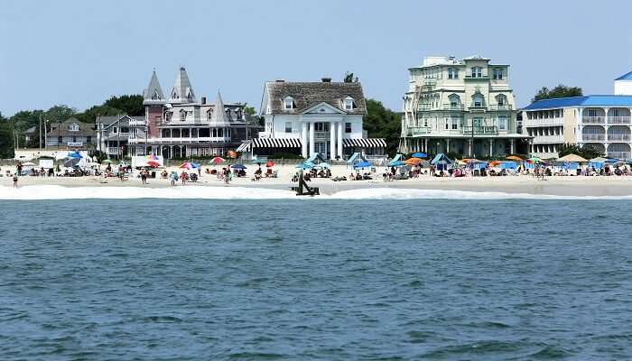 A gorgeous view of Cape May that flaunts a variety of Victorian architecture buildings