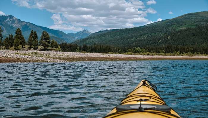 Kayaking on Vallecito Reservoir in Durango, one of the best small towns to visit in Colorado.