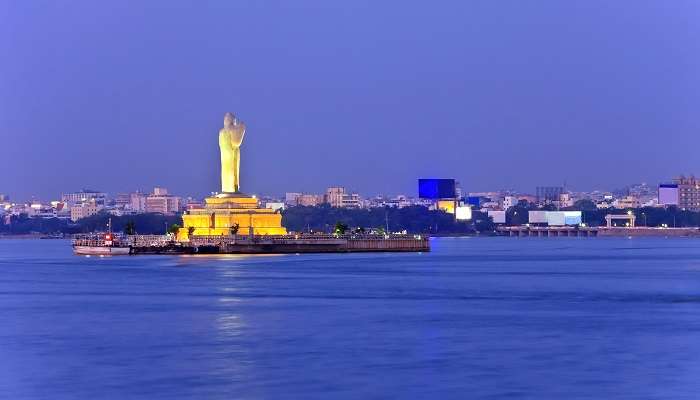The monolithic statue of the Gautam Buddha in the middle of Hussain Sagar Lake in Hyderabad