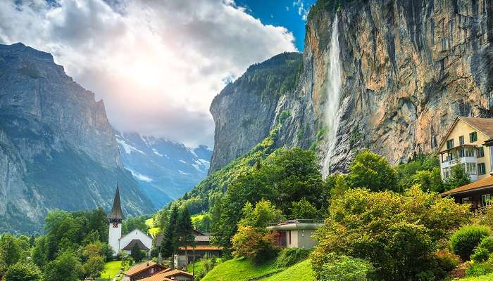 A mesmerising view of Lauterbrunnen Valley which is packed with 72 roaring waterfalls