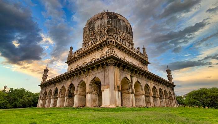 The surreal view of Qutub Shahi Tombs, near Golconda Fort in India