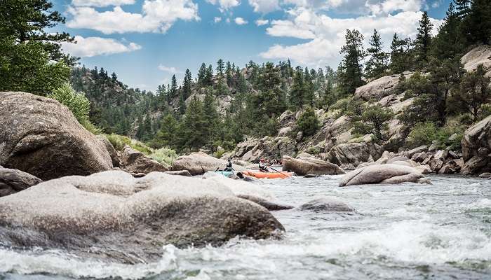 People enjoying scenic Browns Canyon on the Arkansas River in Salida.