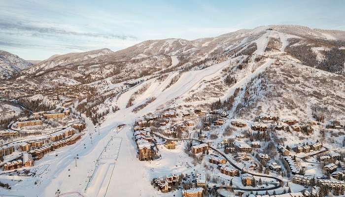 The aerial view of the mountain town Steamboat Springs and the ski resort.