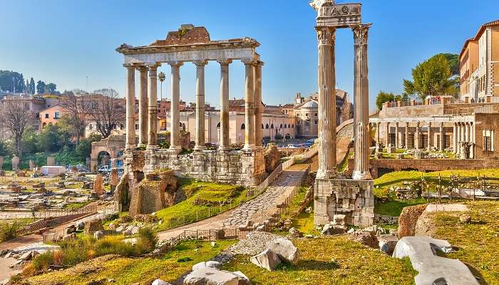 The panoramic view of the Roman Forum nestled in the heart of Italy.