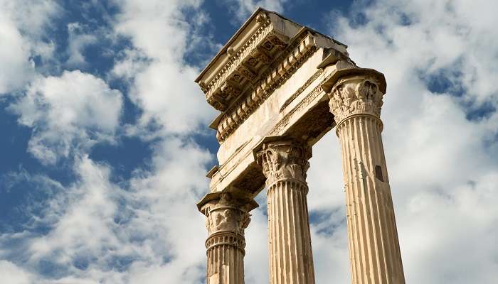 The temple pillars of Castor and Pollux in the Roman Forum.