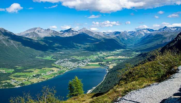 The view of Åndalsnes on Romsdal mountains and Rauma River from Nesaksla mountain. 