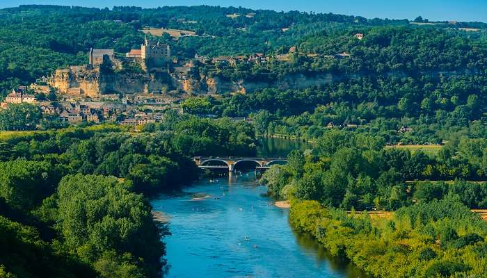 The aerial view of one of the beautiful villages in France, River Dordogne, and Chateau de Beynac.