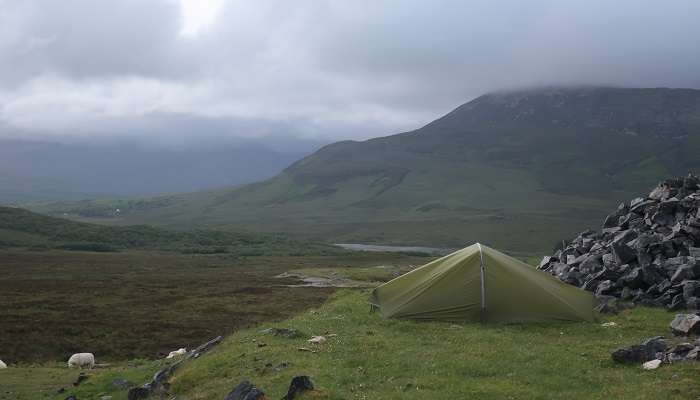 The spectacular view of the Old Man of Storr from the Staffin Campsite