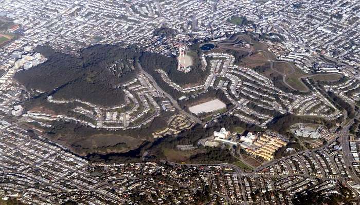 The aerial view of Mount Sutro and Twin Peaks.