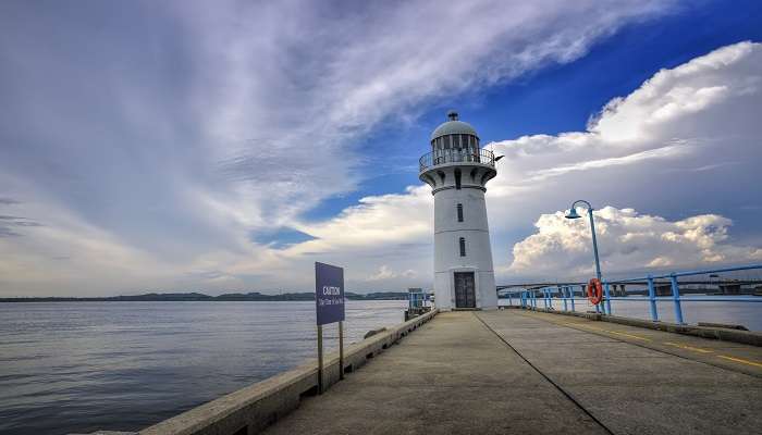 Raffles Marina Lighthouse at the west end of Singapore Island, among the hidden gems in Singapore.