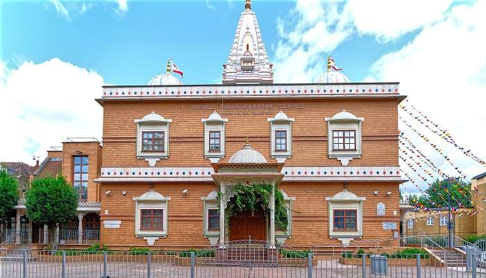 The exterior view of Shree Swaminarayan Temple, a famous Hindu temple in London suburb of Willesden