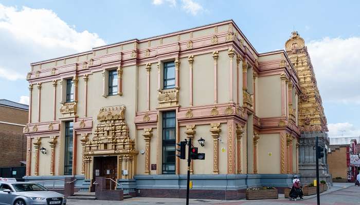 The breathtaking exterior view of Sri Mahalakshmi Temple, among the famous Hindu temples in London.