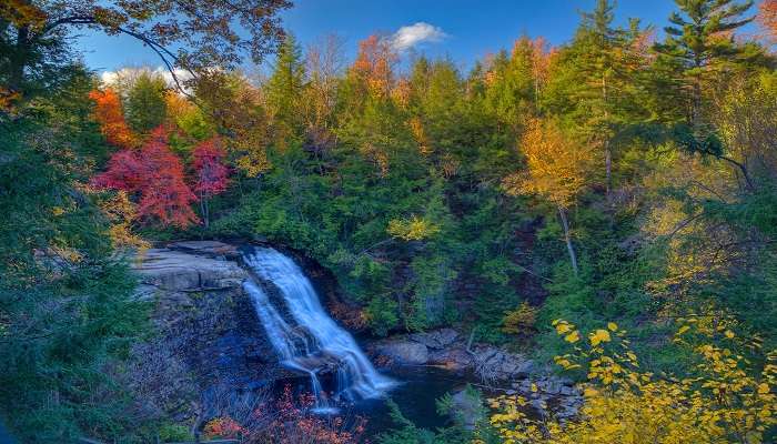 The scenic view of Creek Falls at Swallow Falls State Park in Deep Creek Lake Region, Maryland.