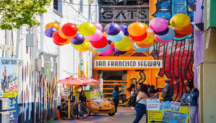 The sunny view of the Umbrella Alley in San Francisco.