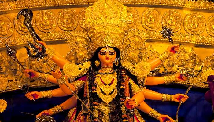 On the occasion of Durga Puja, the mandir is adorned with lights and flowers