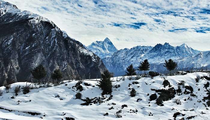 A view of the stunning town, Auli in Uttarakhand covered with snow