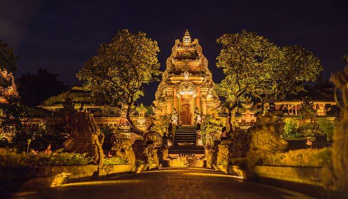Astonishing view of the Pura Taman Saraswati temple in the night