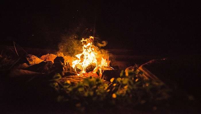 Berkumpul di dekat api unggun adalah cara terbaik untuk menghabiskan waktu di Lake View Resort Kabini