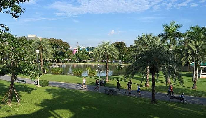 Landscape view of the lake at Chatuchak Park, situated close to Rot Fai Park.